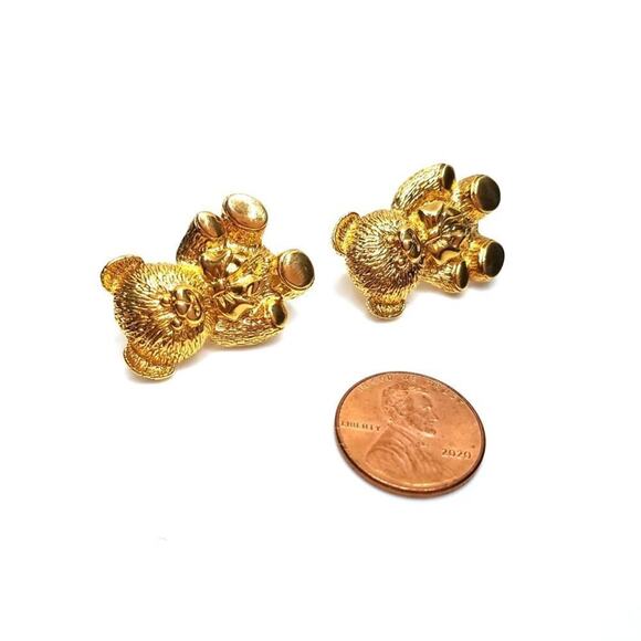 Vintage Teddy Bear Clip Gold Tone Earrings, 1 1/8 Inches - Picture 5 of 9